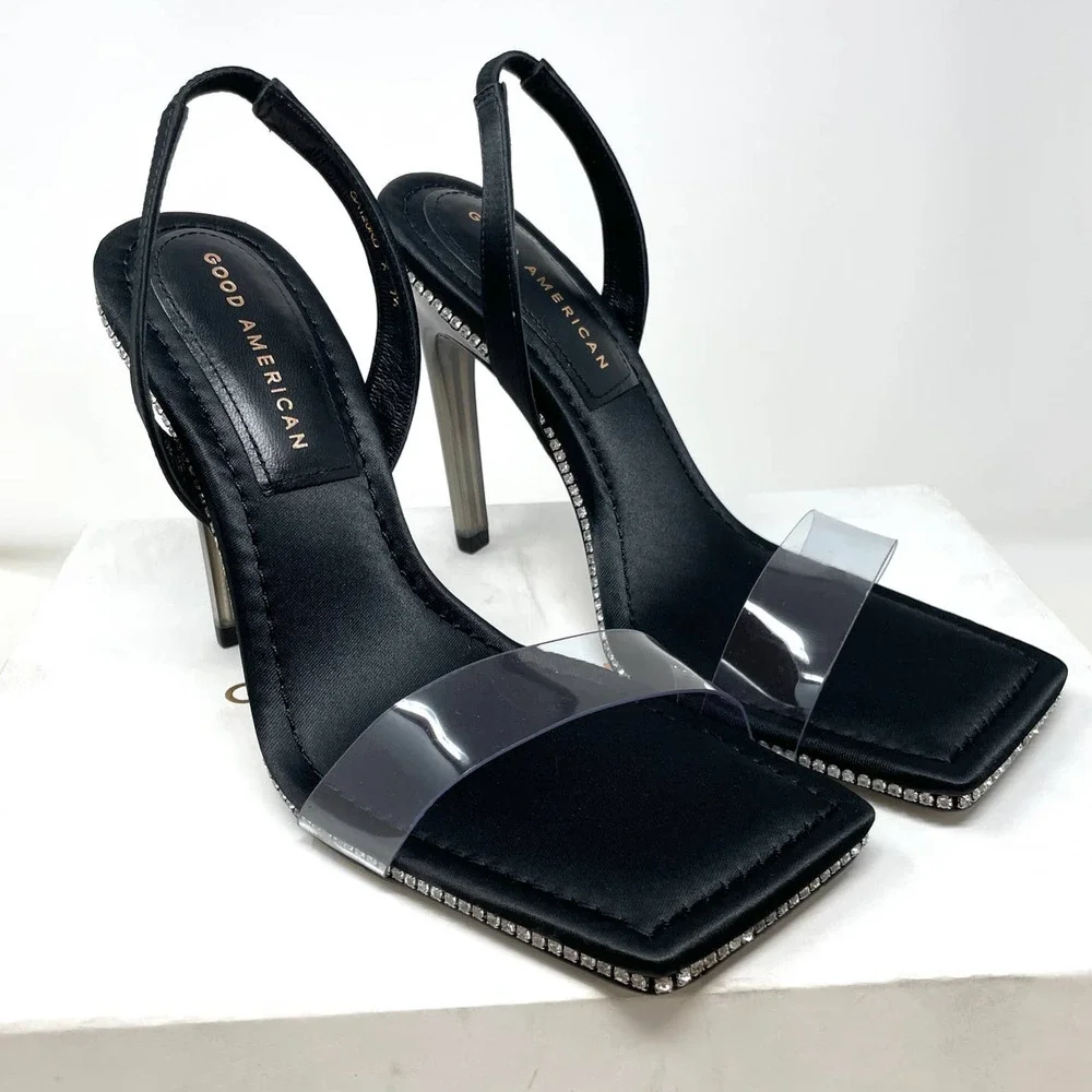 Good American Crystal Crush Lucite Rhinestone Sandals In Black Size 7.5 New